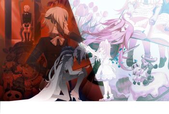 2girls age_difference aged_down ahoge arlecchino_(genshin_impact) back_bow black_boots black_eyes black_hair black_hands black_jacket black_pants black_shoes blood blood_on_hands bloody_weapon book boots bow bowing bowtie buttons cake cape character_doll child clervie_(genshin_impact) closed_mouth collared_shirt colored_extremities contrast covered_eyes covered_mouth doll double-breasted dress dress_bow eye_contact falling_petals fatui_coat flower flower_wreath food food_bite from_side full_body fur-trimmed_cape fur_trim genshin_impact grey_jacket grey_shirt hair_between_eyes hairband hand_on_another's_cheek hand_on_another's_face head_out_of_frame head_wreath high_heels highres holding holding_book holding_hands holding_head_wreath holding_sword holding_weapon impaled jacket lace-up_boots lapel_pin long_hair long_sleeves looking_at_another looking_to_the_side low_ponytail mary_janes mizuku_hei multicolored_hair multiple_girls multiple_views nightshade_(flower) on_one_knee open_book outstretched_arm outstretched_arms pants parted_lips peruere_(genshin_impact) petals pillar pink_flower pink_hair pink_shoes ponytail profile puffy_short_sleeves puffy_sleeves putting_on_headwear red_hair shirt shoes short_hair short_sleeves shorts side_part single_sidelock sitting sitting_on_throne socks split_screen split_theme standing streaked_hair stuffed_animal stuffed_toy sword too_many tulip two-tone_hair watermark weapon white_bow white_bowtie white_cape white_dress white_hair white_hairband white_shorts white_socks