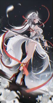 Rule 34 | absurdres, animal ears, ass, bare shoulders, black hair, black shoes, chama (chacoc0), china dress, chinese clothes, dress, droopy ears, floating hair, from behind, hashtag-only commentary, high heels, highres, long hair, multicolored hair, night, parted lips, red eyes, shoes, smile, solo, standing, tail, two-tone hair, very long hair, white dress, white hair, ye shunguang, ye shunguang (enlightened state), zenless zone zero