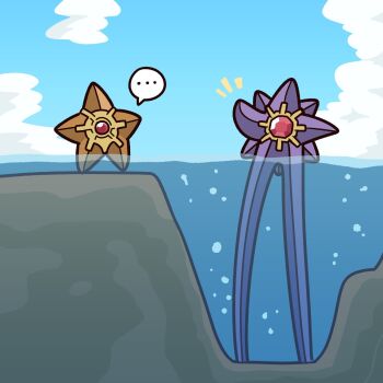 Rule 34 | ..., blue sky, cloud, full body, gem, gen 1 pokemon, highres, long legs, mega pokemon, mega starmie, nintendo, no humans, outdoors, pokemon, pokemon (creature), pokemon focus, red gemstone, sky, speech bubble, starmie, staryu, underdatv, water, waving