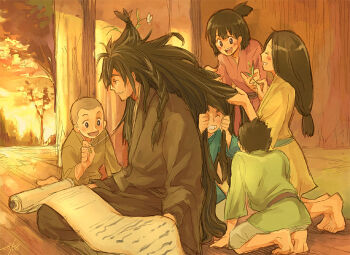 Rule 34 | 2girls, 4boys, barefoot, blush, blush stickers, braid, comb, grabbing another's hair, holding another's hair, japanese clothes, kimono, long hair, masato (artist), masato (oal), messy hair, multiple boys, multiple girls, pixiv fantasia, pixiv fantasia 1, playing, scroll, smile, sunset, topknot, veranda, yukata