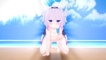 10s 1girl 3d arm_support beads blue_eyes blunt_bangs blush closed_mouth dragon_girl dragon_horns female_focus flat_chest food gradient_hair hair_beads hair_ornament highres holding holding_food horns jitome kanna_kamui kobayashi-san_chi_no_maidragon loli long_hair looking_at_viewer multicolored_hair navel nipples nude smile sofo solo twintails v-shaped_eyebrows