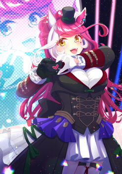 1girl animal_ears blush breasts commentary_request hair_between_eyes hair_ornament hat heart heart_hands highres horse_ears horse_girl long_hair looking_at_viewer loves_only_you_(umamusume) medium_breasts open_mouth screen solo taniko_shanokoya teeth umamusume upper_teeth_only yellow_eyes