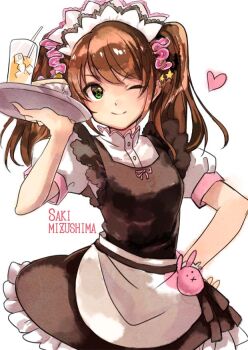 1044kiro 1boy ;) apron black_dress breast_padding breasts brown_hair character_name closed_mouth commentary_request cowboy_shot crossdressing crossdressing_(mtf) cup dessert dress drinking_glass drinking_straw food hair_ornament hair_scrunchie hand_on_own_hip hand_up heart holding holding_tray idolmaster idolmaster_side-m maid maid_headdress male_focus male_maid medium_hair mizushima_saki one_eye_closed pink_scrunchie puffy_short_sleeves puffy_sleeves scrunchie shirt short_sleeves small_breasts smile solo standing star-shaped_pupils star_(symbol) swept_bangs symbol-shaped_pupils trap tray two_side_up waist_apron waitress white_apron white_shirt