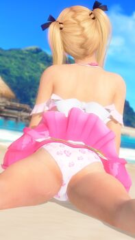 1girl 3d ass back beach bikini blonde_hair crotch from_behind game_cg highres medium_hair ocean outdoors pink_and_white_bikini pink_skirt sand shiny_skin skirt sky swimsuit twintails water wet white_and_pink_bikini white_bikini