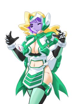 1girl armor blonde_hair breasts cleavage cleavage_cutout clothing_cutout elbow_gloves face_shield game_cg gan-chan_(artist) gloves green_thighhighs helmet hitozuma_sentai_aisaiger large_breasts large_variant_set long_hair magical_girl mecha_musume navel navel_cutout no_panties non-web_source official_art one_eye_closed pelvic_curtain purple_eyes saiger_lily solo sophie_andrea_yukitou thighhighs transparent_background variant_set wince