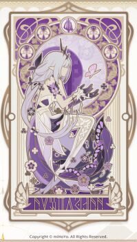 1girl asymmetrical_gloves bug butterfly castorice_(honkai:_star_rail) dress elbow_gloves faceless faceless_female facing_to_the_side gloves high_heels honkai:_star_rail honkai_(series) insect legwear_cutout official_art pointy_ears purple_butterfly purple_gloves purple_hair shoes solo thighhighs uneven_gloves white_dress white_shoes white_thighhighs