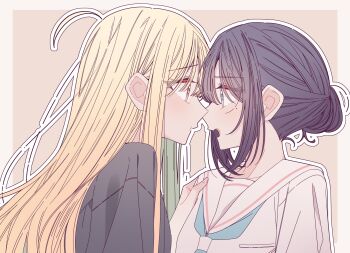 Rule 34 | 2girls, black shirt, blonde hair, blue eyes, blue necktie, border, cho kaguya-hime!, commentary, eye contact, hair bun, hand on another's shoulder, hashtag-only commentary, highres, kaguya (cho kaguya-hime!), kousaka 0v0, long hair, looking at another, mole, mole under eye, multiple girls, necktie, outline, pink background, purple hair, red eyes, sailor collar, sakayori iroha, school uniform, serafuku, shirt, white border, white outline, white sailor collar, white shirt, yuri