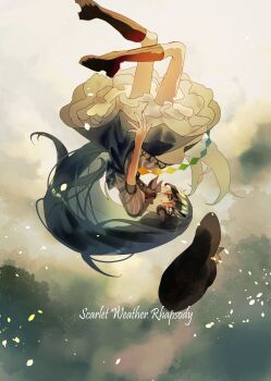 1girl black_boots black_hat blue_eyes blue_hair blue_skirt boots commentary_request expressionless frilled_skirt frills full_body grey_background hat highres hinanawi_tenshi long_hair looking_at_viewer open_mouth puffy_short_sleeves puffy_sleeves rainbow_gradient scarlet_weather_rhapsody shinjitsu_no_kuchi shirt short_sleeves skirt solo touhou unworn_hat unworn_headwear upside-down very_long_hair white_shirt