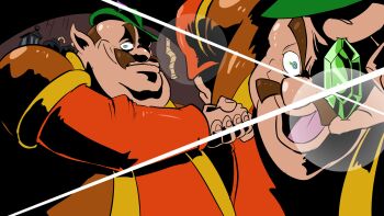 Rule 34 | 1boy, absurdres, aqua eyes, big nose, commentary, deputy rust, diffraction spikes, english commentary, facial hair, gem, green hat, hand on own hip, hat, high contrast, highres, holding, holding gem, lens flare, link: the faces of evil, looking at viewer, morshu, mustache, nintendo, open mouth, orange shirt, own hands together, parody, pointy ears, rupee (zelda), shirt, smile, solo, style parody, tengen toppa gurren lagann, the legend of zelda, the legend of zelda (cd-i), ttgl eyecatch