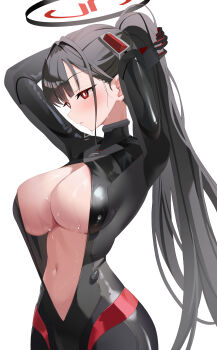 1girl absurdres adjusting_hair arms_up black_bodysuit black_hair blue_archive blush bodysuit breasts bright_pupils commentary halo headgear highres jbell large_breasts long_hair looking_ahead navel official_alternate_costume ponytail ringed_eyes rio_(armed)_(blue_archive) rio_(blue_archive) simple_background solo stomach sweat very_long_hair white_background white_pupils