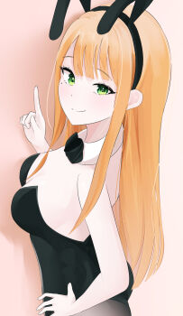 1girl artist_request bare_shoulders black_bow black_bowtie black_leotard black_thighhighs blunt_bangs bow bowtie breasts cleavage closed_mouth fake_rabbit_ears fake_tail gradient_background green_eyes hand_on_own_hip highres idolmaster leotard long_hair mole mole_under_eye orange_background orange_hair playboy_bunny shiun_sumika small_breasts smile tail thighhighs white_background wrist_cuffs