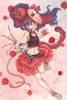 1girl :d abstract_background anna_spire bare_shoulders black_collar blue_hair bow breasts collar commentary_request cropped_tank_top facial_tattoo fang fingerless_gloves fishnet_tank_top gloves grey_tank_top head_bow highres hockey_mask holding_skeleton io_(maryann_blue) layered_tank_top long_hair mask mask_on_head midriff miniskirt multicolored_hair navel open_mouth red_background red_bow red_gloves red_hair red_skirt red_tank_top shoes show_by_rock!! single_fingerless_glove skirt small_breasts smile solo spiked_collar spikes splatter tail tank_top tattoo two-tone_background two-tone_hair white_background white_shoes