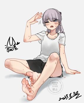 1girl barefoot blush feet grey_eyes grey_hair highres hisuifootfetish long_hair looking_at_viewer one_eye_closed open_mouth ponytail soles sweat toes