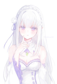 1girl absurdres artist_name bare_shoulders blunt_bangs blush braid breasts cleavage closed_mouth colored_eyelashes commentary crown_braid detached_sleeves dress emilia_(re:zero) english_commentary finger_to_cheek flower frilled_sleeves frills gem green_gem hair_flower hair_ornament hair_ribbon highres hum_(ten_ten) long_hair long_sleeves looking_at_viewer medium_breasts pointy_ears purple_eyes purple_ribbon re:zero_kara_hajimeru_isekai_seikatsu ribbon rose simple_background smile solo upper_body white_background white_dress white_flower white_hair white_rose white_sleeves wide_sleeves x_hair_ornament