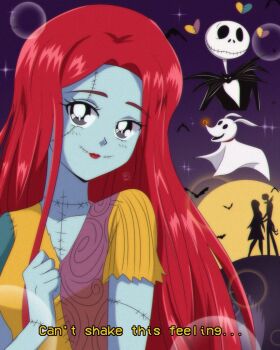 1990s_(style) 1boy 1girl brenni_murasaki clip_studio_paint_(medium) dress formal_clothes highres jack_skellington jacket long_hair long_sleeves looking_at_viewer male_focus patchwork_clothes patchwork_skin pinstripe_pattern pinstripe_suit pinstripe_vest retro_artstyle sally_(nbc) skeleton smile stitched_face stitches striped_clothes striped_vest suit the_nightmare_before_christmas vertical-striped_clothes vertical-striped_vest vest zero_(nbc)
