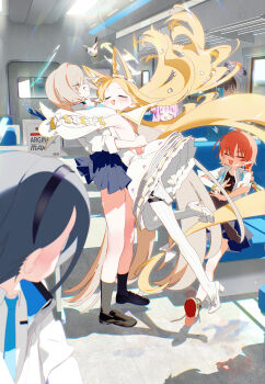 6+girls absurdres animal_ear_fluff animal_ears aris_(blue_archive) asuna_(blue_archive) asuna_(school_uniform)_(blue_archive) bird black_hair blonde_hair blue_archive blush bm_tol bow dress fox_ears halo highres holster karin_(blue_archive) karin_(school_uniform)_(blue_archive) long_hair mika_(blue_archive) multiple_girls neru_(blue_archive) neru_(school_uniform)_(blue_archive) open_mouth orange_hair sailor_collar seia_(blue_archive) short_hair skirt thigh_holster untied_shoelaces white_dress white_sailor_collar yellow_halo