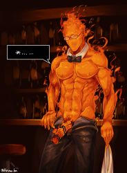 1boy absurdres arima_(arima_bn) arm_support bara detached_collar elemental_(creature) fire fire_elemental glasses grillby highres male_focus monster_boy navel open_fly penis smile solo speech_bubble topless_male twitter_username undertale undressing utdr_(toby_fox)