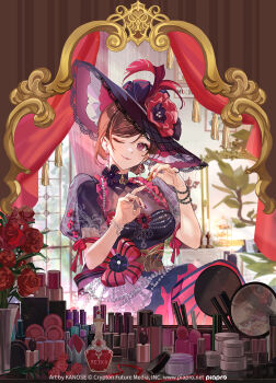 applying_makeup applying_own_makeup bead_bracelet beads black_hat bottle bow bracelet breasts brown_hair character_name cocktail_dress dress earrings flower hat highres hitokoto jewelry makeup medium_breasts meiko_(vocaloid) mirror nail_polish nail_polish_brush official_art one_eye_closed perfume_bottle piapro_studio puffy_sleeves red_eyes red_nails reflection rose short_sleeves smile string_of_pearls striped_clothes tassel vase vertical-striped_clothes vocaloid