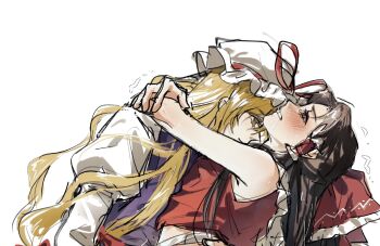 2girls aihara-rina blonde_hair blush bow brown_hair chinese_commentary commentary_request dress drooling frilled_bow frilled_hair_tubes frills hair_bow hair_tubes hakurei_reimu hat hat_ribbon highres hug implied_fingering long_hair mob_cap multiple_girls purple_tabard red_bow red_eyes red_ribbon ribbon simple_background tabard touhou trembling white_background white_dress yakumo_yukari yuri