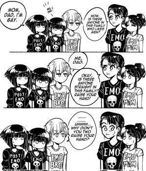 Rule 34 | 2boys, 3girls, black choker, black hair, black shirt, choker, corrupted twitter file, emo-girl (grs-), emo-mom (grs-), english text, family, greyscale, grs-, hair bun, highres, monochrome, multiple boys, multiple girls, no mouth, no nose, original, print shirt, shirt, short hair, short sleeves, speech bubble, sweatdrop, t-shirt, white background, white hair, white shirt