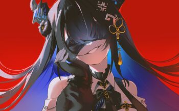 1girl absurdres bare_shoulders black_gloves black_hair blindfold blue_hair colored_inner_hair commentary crossed_bangs english_commentary facing_viewer flower gloves hair_ornament head_tilt highres hololive hololive_english horn_flower horns insfidelie long_hair multicolored_hair nerissa_ravencroft nerissa_ravencroft_(1st_costume) red_background shirt simple_background smile solo two-tone_hair upper_body virtual_youtuber white_shirt