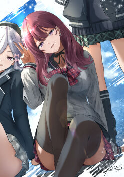 3girls :d alternate_costume black_thighhighs blazer breasts brown_hair choker cleavage commentary_request dutch_angle grey_sweater hair_down hair_ornament hair_ribbon hairclip hanakuma_chifuyu hat highres jacket k-yous koharu_rikka large_breasts looking_at_viewer multiple_girls natsuki_karin open_mouth plaid_clothes plaid_skirt purple_eyes purple_hair ribbon ribbon_choker school_uniform short_hair sitting skirt smile solo_focus sweater synthesizer_v thighhighs thighs v zettai_ryouiki
