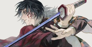 1boy black_hair black_jacket blue_eyes buttons constricted_pupils demon_slayer_uniform em95v gold_buttons haori high_collar highres holding holding_sword holding_weapon jacket japanese_clothes katana kikkoumon kimetsu_no_yaiba long_hair low_ponytail male_focus parted_lips ponytail print_haori profile red_haori solo spiked_hair sword teeth tomioka_giyuu upper_body weapon