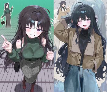 1girl ;d absurdres ahoge ankle_boots awa_subaru bag black_hair black_sweater blue_pants blush boots breasts brown_footwear brown_jacket casual clothing_cutout cowboy_shot denim fur-trimmed_jacket fur-trimmed_sleeves fur_trim girls_band_cry green_sweater grey_skirt grin hair_between_eyes hair_ribbon hand_in_own_hair hand_in_pocket highres holding holding_bag index_finger_raised jacket jeans jewelry large_breasts long_hair long_skirt long_sleeves looking_at_viewer louis_vuitton_(brand) multiple_views necklace one_eye_closed open_clothes open_jacket open_mouth pants perspective purple_eyes ribbon romaji_commentary shoulder_bag shoulder_cutout skirt smile split_screen standing sweater teeth tongue turtleneck turtleneck_sweater upper_teeth_only very_long_hair westgon white_ribbon