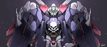 Rule 34 | absurdres, commentary, cosmo-5, crossbone gundam, crossbone gundam x-1, crossbone gundam x-1 full cloth, crossbone vanguard, glowing, glowing eyes, green eyes, gundam, highres, looking at viewer, mecha, mecha focus, mobile suit, no humans, robot, science fiction, signature, skull and crossbones, solo, upper body, v-fin