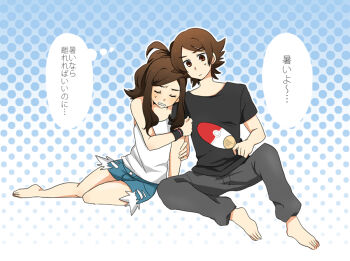 1boy 1girl antenna_hair barefoot black_shirt brown_eyes brown_hair closed_eyes commentary_request denim denim_shorts exposed_pocket grabbing_another's_arm grey_pants hand_fan head_tilt hilbert_(pokemon) hilda_(pokemon) holding holding_fan hot nintendo pants pokemon pokemon_black_and_white pote_(noah7200) shirt shorts sitting sleeveless sleeveless_shirt sweat translation_request white_shirt