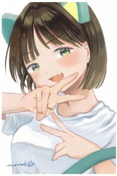 Rule 34 | 1girl, animal ears, bob cut, brown hair, choppy bangs, commentary request, double v, fang, green eyes, hands up, jewelry, looking at viewer, nena labo, open mouth, original, ring, shirt, short hair, short sleeves, signature, simple background, skin fang, smile, solo, t-shirt, traditional media, upper body, v, white background, white shirt
