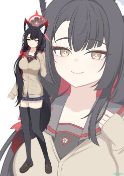1girl absurdres alternate_costume alternate_hairstyle animal_ear_fluff animal_ears black_hair black_thighhighs blue_archive blue_skirt blush breasts brown_shoes cardigan closed_mouth colored_inner_hair commentary_request fox_ears fox_girl fox_tail full_body grey_sailor_collar hair_over_shoulder halo highres large_breasts long_hair looking_at_viewer multicolored_hair partial_commentary pleated_skirt red_hair red_halo sailor_collar school_uniform shoes siranui_desu skirt sleeves_past_wrists smile solo tail thighhighs two-tone_hair very_long_hair wakamo_(blue_archive) yellow_cardigan yellow_eyes zoom_layer