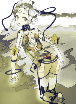 Rule 34 | 1girl, android, female focus, looking at viewer, looking back, monochrome, open mouth, original, robot, solo, uturo, yellow eyes