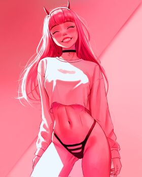 1girl alternate_costume black_choker black_panties blunt_bangs blush choker clenched_teeth closed_eyes clothing_cutout commentary cowboy_shot cropped_shirt crotch_cutout darling_in_the_franxx english_commentary highleg highleg_panties highres horns josival long_hair long_sleeves navel panties pink_hair red_horns shirt smile solo teeth thighs underwear white_shirt zero_two_(darling_in_the_franxx)