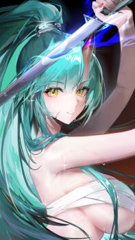 1girl absurdres arknights arm_up bare_shoulders black_background blue_fire breasts chest_sarashi chinese_commentary closed_mouth commentary_request eyeliner facial_scar fire flaming_sword flaming_weapon from_side glint gradient_background green_hair hair_between_eyes hair_tie high_ponytail highres holding holding_sword holding_weapon horns hoshiguma_(arknights) hoshiguma_the_breacher_(arknights) large_breasts liwen_222 long_hair looking_at_viewer makeup nail_polish official_alternate_costume ponytail red_eyeliner red_nails sarashi scar scar_on_cheek scar_on_face sideboob single_horn smile solo sparkle sweat sword turning_head upper_body very_long_hair weapon yellow_eyes