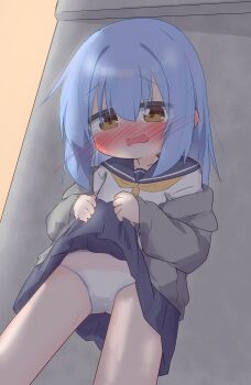 1girl 1n4b4 absurdres blue_hair blue_sailor_collar blue_skirt blush brown_eyes cardigan clothes_lift commission cowboy_shot embarrassed flat_chest grey_cardigan highres large_variant_set lifting_own_clothes loli long_hair long_sleeves miniskirt misaki_kurone_(irukamairuiru) neckerchief nose_blush open_cardigan open_clothes open_mouth original panties pleated_skirt puffy_long_sleeves puffy_sleeves sailor_collar school_uniform second-party_source serafuku shirt skeb_commission skirt skirt_lift solo tearing_up tears underwear variant_set wavy_mouth white_panties white_shirt yellow_neckerchief