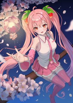 1girl :d absurdly_long_hair blush boots breast_pocket breasts cherry_blossoms cherry_hair_ornament collared_shirt crossed_bangs detached_sleeves floating_hair flower food-themed_hair_ornament hair_between_eyes hair_ornament hatsune_miku highres in_tree long_hair medium_breasts miniskirt necktie open_mouth pink_boots pink_hair pink_necktie pink_skirt pink_sleeves pocket red_eyes sakura_miku shirt sitting sitting_in_tree skirt sleeveless sleeveless_shirt smile solo svveetlovey thigh_boots thighhighs tree twintails very_long_hair vocaloid white_flower white_shirt wing_collar zettai_ryouiki