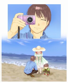 1boy 1girl absurdres beach breasts chara_(undertale) commentary_request digital_camera family father_and_child frisk_(undertale) heart_soma highres mother_and_child ocean squatting tagme translation_request undertale utdr_(toby_fox)