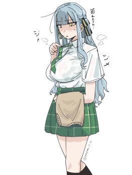 Rule 34 | 1girl, bang dream!, bang dream! it's mygo!!!!!, black socks, blue hair, blush, bra visible through clothes, breasts, commentary, diagonal-striped clothes, diagonal-striped necktie, green necktie, green skirt, hair ribbon, haneoka school uniform, highres, holding sweater, kneehighs, large breasts, long hair, nagomu 7 56, necktie, open mouth, ribbon, school uniform, shirt, sidelocks, simple background, skirt, socks, solo, striped clothes, sweatdrop, togawa sakiko, wet, wet clothes, wet shirt, white background, white shirt, yellow eyes