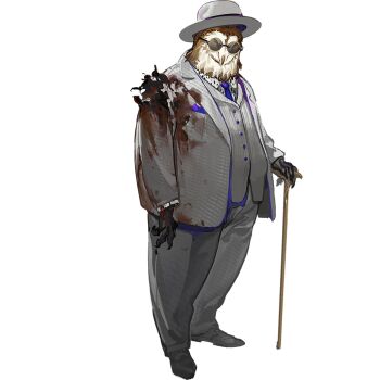 1boy arknights azling blood blood_on_clothes cane formal_clothes full_body furry grey_hat grey_suit hat holding holding_cane injury male_focus necktie official_art owl_boy paganini_(arknights) purple_necktie simple_background solo standing suit sunglasses tachi-e third-party_source transparent_background