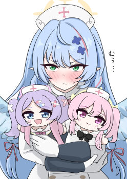 1girl angel_wings blue_archive blue_hair blue_wings character_doll doll feathered_wings halo hanae_(blue_archive) hat highres holding holding_stuffed_toy mine_(blue_archive) mini_hat mini_top_hat nurse_cap peppo-mk3 pointy_ears remedial_knights_(blue_archive) serina_(blue_archive) solo stuffed_animal stuffed_toy top_hat wings yellow_halo