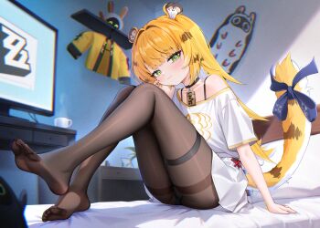 1girl :3 absurdres alternate_costume animal_ear_fluff animal_ears bedroom bilingual_commentary black_choker black_pantyhose blonde_hair blue_bow bow bra_strap choker closed_mouth colored_inner_hair english_text feet full_body green_eyes half-closed_eyes hand_up highres huge_filesize jacket ju_fufu knees_up light_blush loli long_hair looking_at_viewer mixed-language_commentary multicolored_hair off_shoulder on_bed pantyhose pillow radoremo shirt short_sleeves single_off_shoulder sitting soles solo striped_fur striped_hair tail tail_bow tail_ornament thigh_strap thighband_pantyhose thighs tiger_ears tiger_girl tiger_stripes tiger_tail toes unworn_jacket very_long_hair white_shirt yellow_jacket zenless_zone_zero