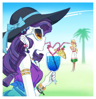 2girls 5mmumm5 ^_^ antenna_hair applejack applejack_(equestria_girls) armlet bare_arms bare_shoulders belt black_hat blonde_hair blue_bow blue_skirt blue_sky border bow bow_earrings braid breasts closed_eyes closed_mouth colored_skin commentary cup curly_hair dark-skinned_female dark_skin day diamond_hair_ornament dress drinking_straw drinking_straw_in_mouth earrings english_commentary facing_ahead food from_side fruit full_body glass gold_armlet gold_choker hair_behind_ear half_up_braid hand_up hands_up hat hat_bow heart high_heels highres holding holding_cup ice ice_cube jewelry large_hat lemon lemon_slice medium_dress multiple_girls my_little_pony my_little_pony:_equestria_girls my_little_pony:_friendship_is_magic nail_polish on_grass outdoors palm_tree pink_belt pink_bow pink_nails profile purple_hair purple_shirt rarity_(equestria_girls) rarity_(my_little_pony) shirt shoes skirt sky sleeveless sleeveless_dress sleeveless_shirt small_breasts smile standing striped_bow summer sun_hat sunglasses tinted_eyewear tiptoes tree upper_body white-framed_eyewear white_border white_dress white_shoes white_skin yellow-tinted_eyewear yuri