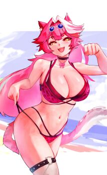 1girl absurdres animal_ears animal_print bare_shoulders beach bikini black_choker blue_sky blush bow breasts cat_o-ring choker cleavage collarbone commentary day english_commentary eyeshadow eyewear_on_head fangs hair_intakes highres hololive hololive_english large_breasts leopard_print leopard_print_bikini long_hair looking_at_viewer makeup multicolored_hair navel o-ring o-ring_thigh_strap open_mouth outdoors panther_ears panther_girl panther_tail paw_pose pink_bikini pink_bow pink_hair print_bikini raora_panthera red_eyeshadow sky smile solo stomach strap_pull streaked_hair sunglasses swimsuit tail thigh_strap thighs virtual_youtuber yellow_eyes yodokogon