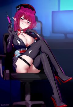 1girl absurdres alternate_color artist_name black_boots black_dress black_gloves black_hat blue_hair boots breasts chair chenki_(chenki) cleft_of_venus closed_mouth commentary crossed_legs dizzy_dokuro dizzy_dokuro_(nurse) double_bun dress elbow_gloves english_commentary full_body gloves hair_bun hat high_heel_boots high_heels highres holding holding_syringe large_breasts nurse_cap official_alternate_costume phase_connect pointy_ears pussy red_eyes signature sitting skull-shaped_pupils skull_ornament solo swivel_chair symbol-shaped_pupils syringe thigh_strap twitter_username uncensored virtual_youtuber