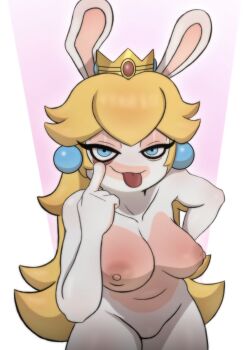 1girl animal_ears blonde_hair blue_eyes breasts cosplay crown earrings highres jewelry large_breasts long_hair mario_(series) mario_+_rabbids_kingdom_battle medium_breasts nintendo nude princess_peach princess_peach_(cosplay) rabbid rabbid_peach rabbit_ears rafaknight raving_rabbids taunting tongue tongue_out