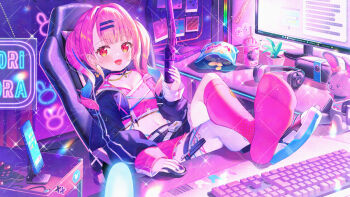 1girl :d asymmetrical_legwear bag_of_chips belt black_jacket black_skirt blue_hair blush breasts cellphone cellphone_stand chair chips_(food) cleavage commentary_request computer_keyboard computer_mouse controller copyright_request cropped_jacket desk food game_controller hair_intakes hair_ornament hairclip headphones headphones_removed ikari_(aor3507) jacket long_hair long_sleeves looking_at_viewer microphone monitor multicolored_hair nail_polish navel neon_lights no_shoes office_chair official_art on_chair open_clothes open_jacket open_mouth phone pink_hair pink_skirt pink_socks potato_chips puffy_long_sleeves puffy_sleeves purple_nails red_eyes sample_watermark skirt sleeves_past_wrists small_breasts smile socks soles solo stuffed_animal stuffed_rabbit stuffed_toy swivel_chair thighhighs twintails two-tone_hair virtual_youtuber watermark white_belt white_thighhighs