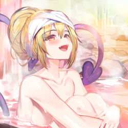 Rule 34 | 1girl, :d, bathing, blonde hair, breasts, bucchake (asami), collarbone, commentary request, completely nude, demon girl, demon tail, hair bun, heart, heart tail, hugging own legs, looking up, mako (bucchake (asami)), nude, onsen, open mouth, orange hair, original, partially submerged, short hair, single hair bun, sitting, smile, solo, steam, tail, teeth, towel, towel on head, upper body, upper teeth only