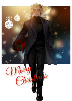 1boy alternate_costume black_coat black_gloves black_pants black_shoes black_sweater blonde_hair blurry blush border box breath christmas coat colored_tips commentary_request contemporary english_text forked_eyebrows full_body gift gift_box gloves grin hand_in_pocket hashimoto_(yanagi-momo) holding holding_box holding_gift kimetsu_no_yaiba light_particles long_hair long_sleeves looking_at_viewer male_focus merry_christmas multicolored_hair open_clothes open_coat open_mouth orange_eyes outside_border pants red_eyes red_hair rengoku_kyoujurou shoes sidelocks smile snow snowing solo sparkle standing streaked_hair sweater thick_eyebrows turtleneck turtleneck_sweater two-tone_hair walking white_border winter_clothes yellow_eyes