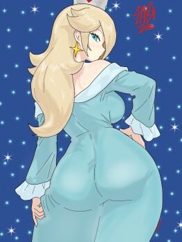 1girl aqua_dress ass back blue_dress blue_eyes breasts brooch collarbone commentary crown drawlab33t dress earrings english_commentary from_behind grey_crown hair_over_one_eye hands_on_own_hips highres jewelry large_breasts long_sleeves looking_at_viewer mario_(series) nintendo off-shoulder_dress off_shoulder rosalina signature silver_crown solo star_(sky) star_(symbol) star_bit star_brooch star_earrings star_wand starry_sky_background super_mario_galaxy twitter_username